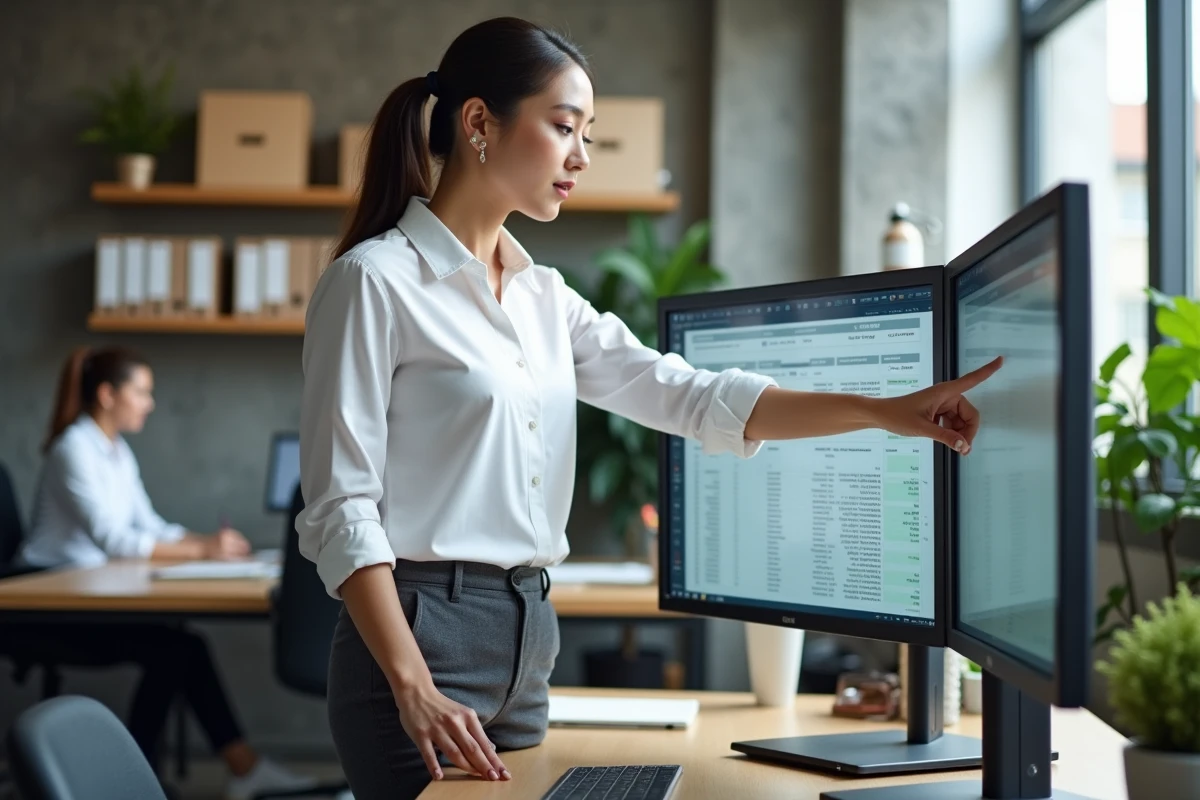 Femme comptable consultant un logiciel de déclaration d'impôt sur les sociétés sur double écran dans un open space professionnel