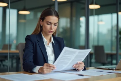 Femme professionnelle examinant un contrat CDD en période d'essai dans un bureau moderne