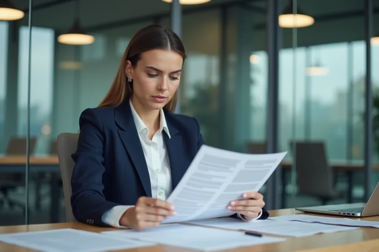 Femme professionnelle examinant un contrat CDD en période d'essai dans un bureau moderne