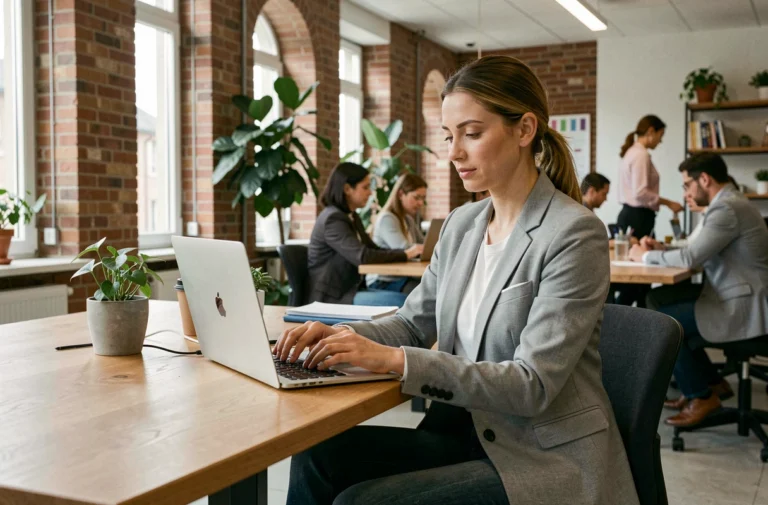 Femme professionnelle travaillant dans un espace de coworking moderne à Aulnay-sous-Bois avec laptop et documents