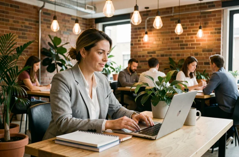 Femme travaillant dans un espace de coworking moderne avec bureau en bois, mur en briques et plantes vertes