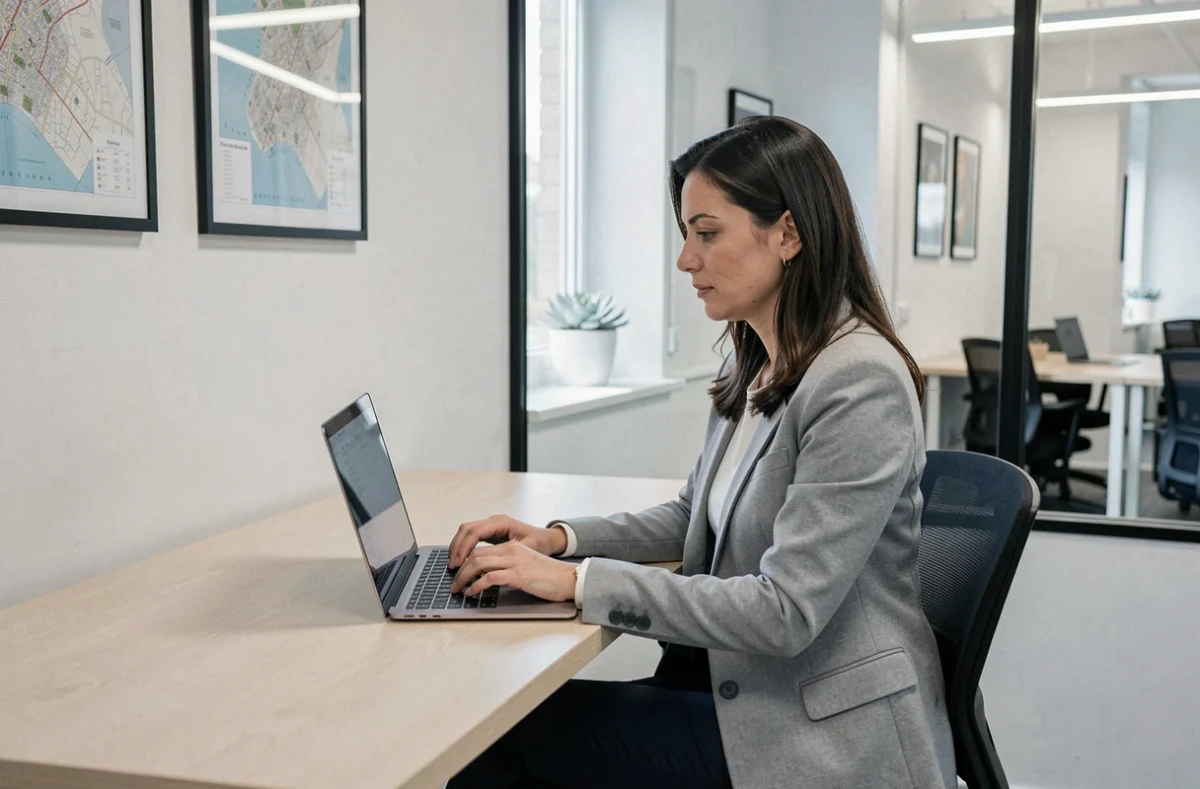 Femme travaillant seule dans un espace de coworking calme au Mans avec un ordinateur portable sur un bureau minimaliste