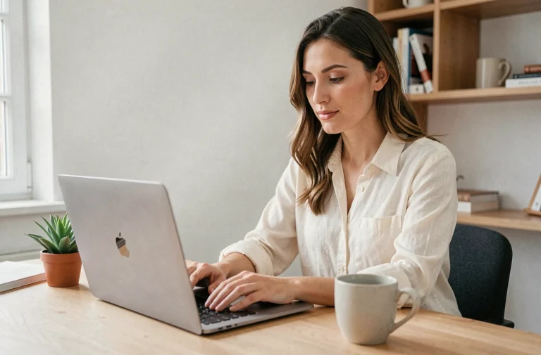 Femme créant sa boutique en ligne sur Stan.store depuis son bureau à domicile