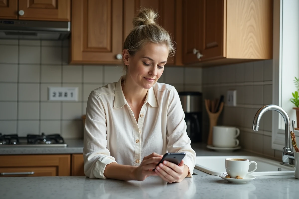 Femme dans sa cuisine regardant son téléphone pour rédiger une excuse professionnelle pour absence au travail sans justificatif