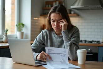 Femme inquiète examinant un relevé bancaire avec un débit suspect lié à Infinite Remit Services Co sur son ordinateur portable