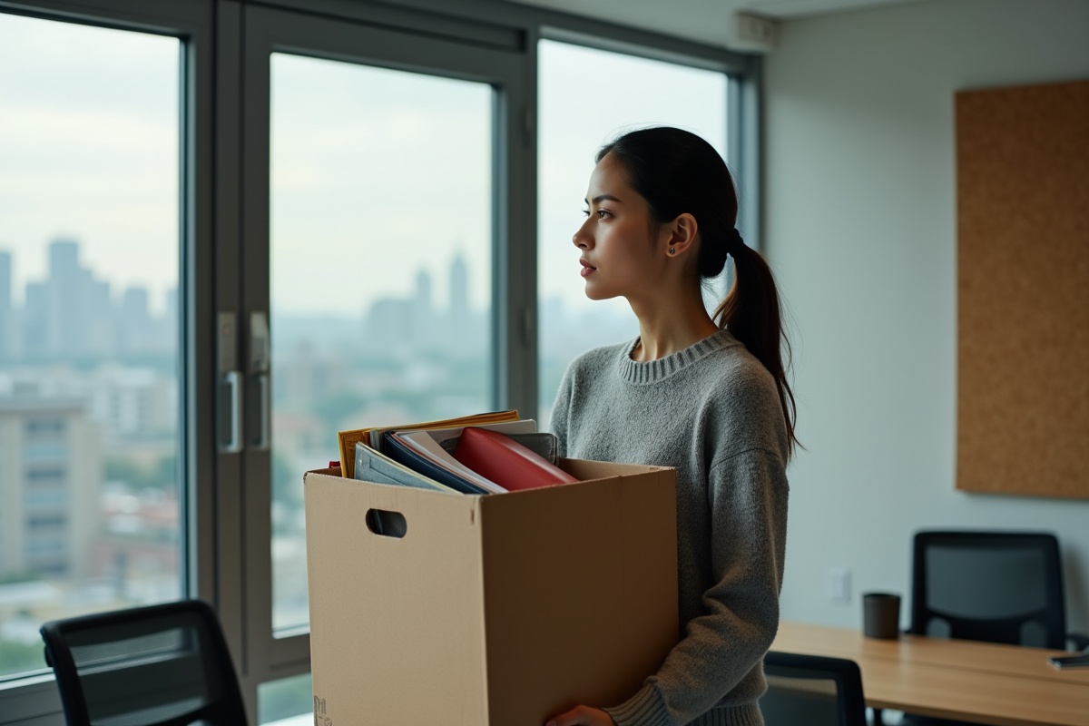 Jeune femme quittant un bureau avec une caisse à la main