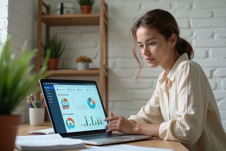 Femme entrepreneur analysant le tableau de bord de Systeme.io sur son ordinateur portable dans un bureau à domicile moderne