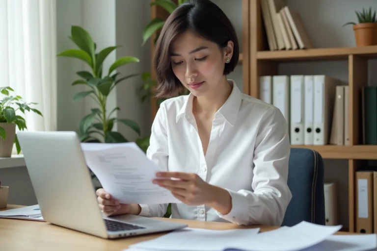 Femme entrepreneur en train de remplir des documents administratifs pour ouvrir sa micro-entreprise depuis son bureau à domicile