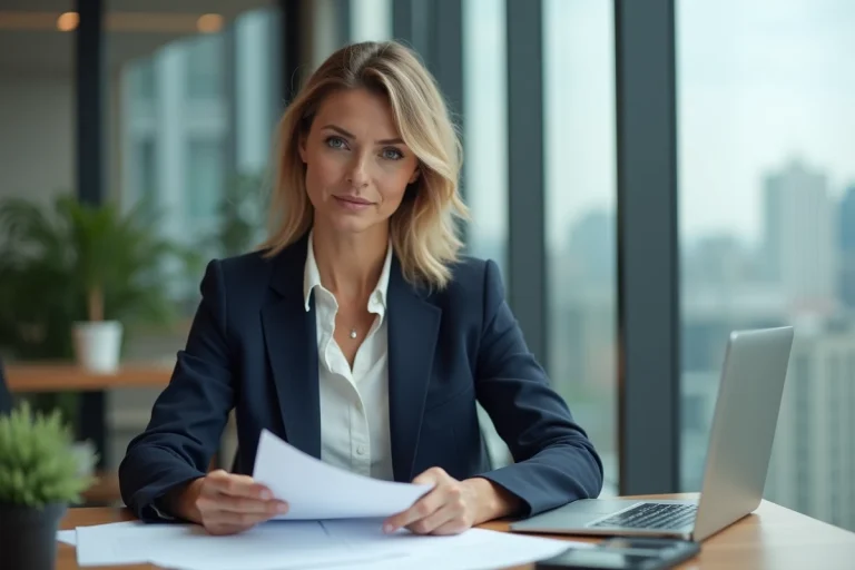 Cheffe d'entreprise analysant les documents relatifs au statut juridique de son entreprise dans un bureau moderne