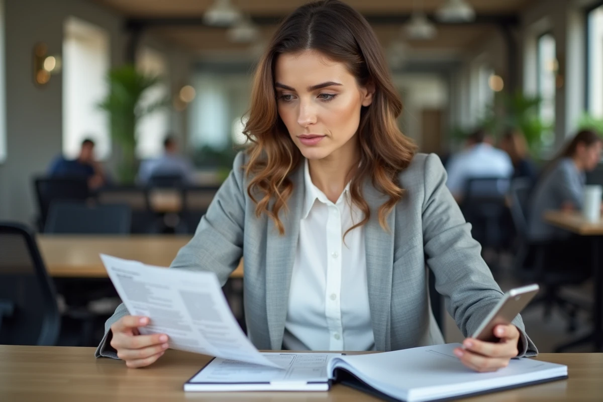 Cheffe d'entreprise analysant son avis de cotisation foncière des entreprises dans un espace de coworking