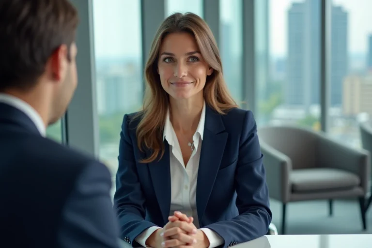 Femme professionnelle en entretien d'embauche face à un jury dans un bureau moderne et lumineux