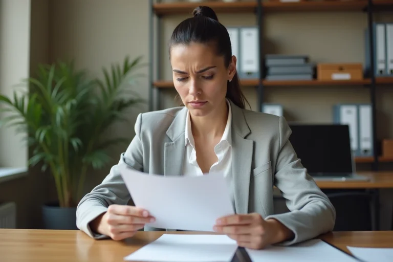 Femme en blazer gris examinant des fiches de paie sur un bureau de bureau sans contrat de travail