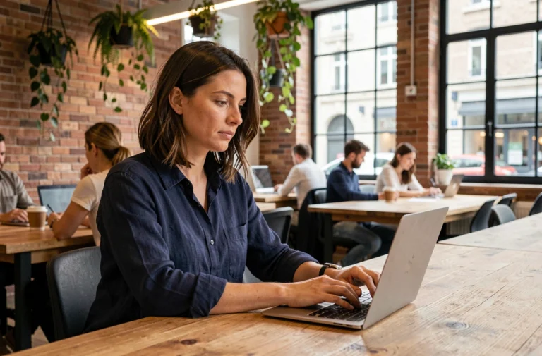 Femme indépendante travaillant sur son ordinateur portable dans un espace de coworking moderne à Meaux