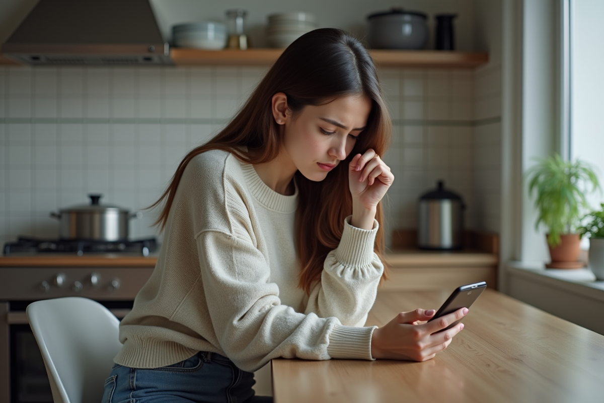 Jeune femme stressée utilisant son smartphone en cuisine