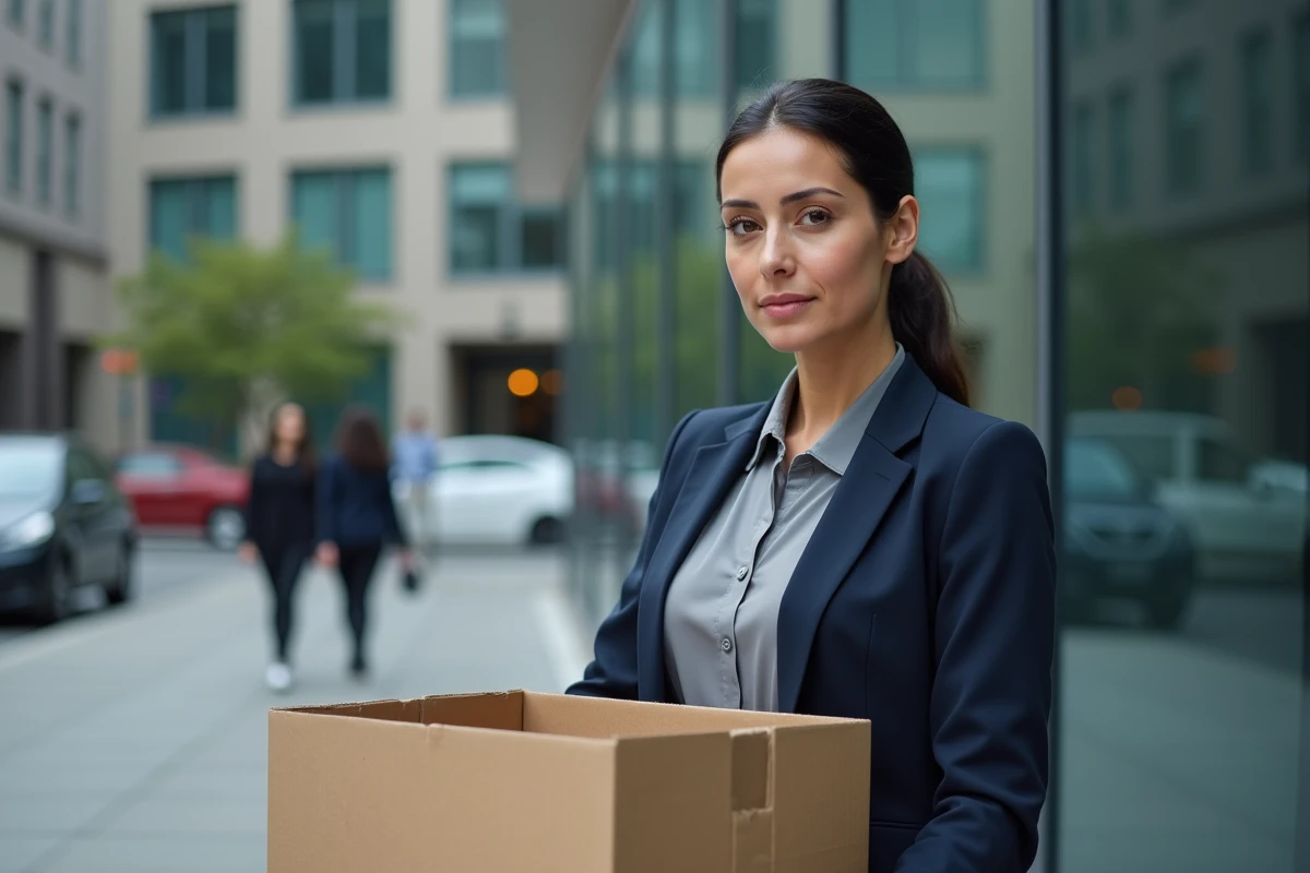 Femme portant ses affaires personnelles après un licenciement devant un immeuble de bureaux