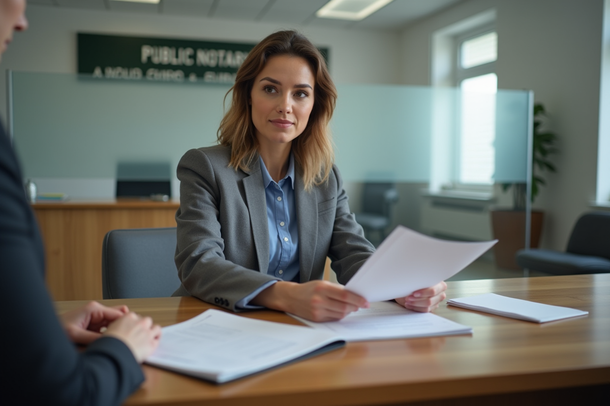 Jeune femme présentant ses pièces dans un bureau notarial lumineux