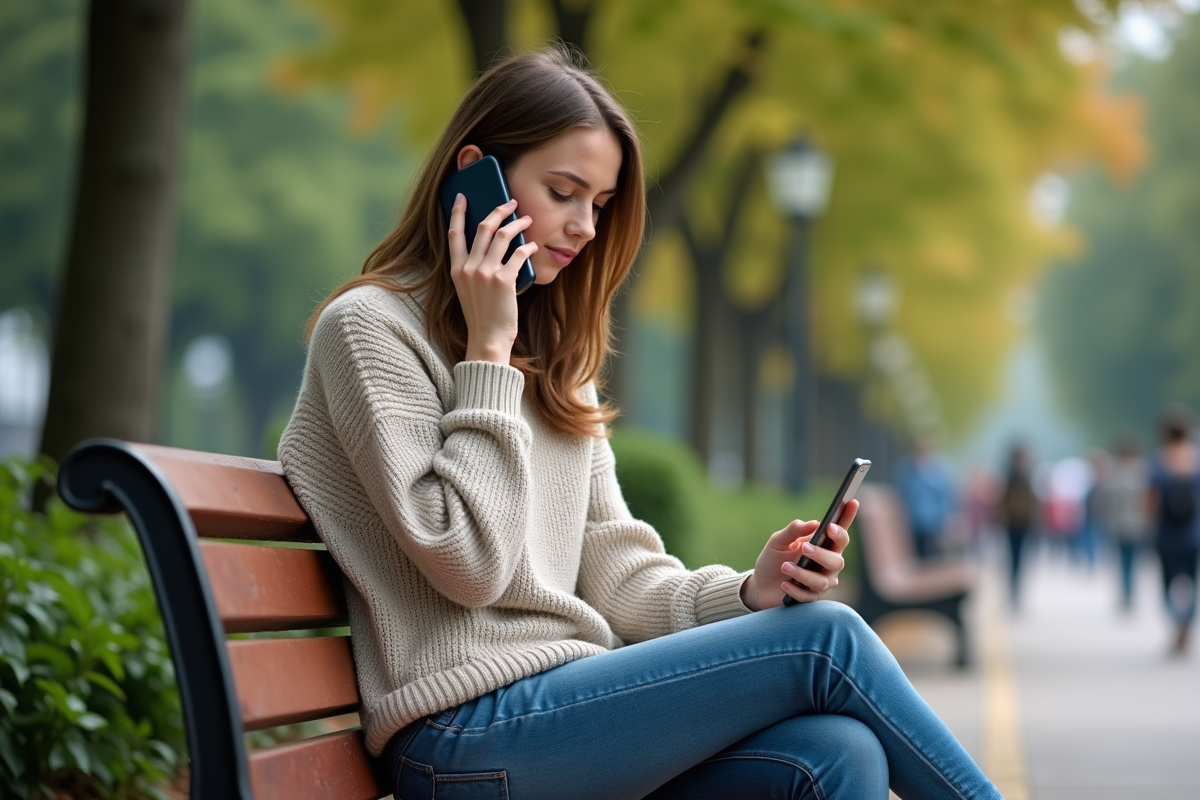 Jeune femme au parc parlant au téléphone