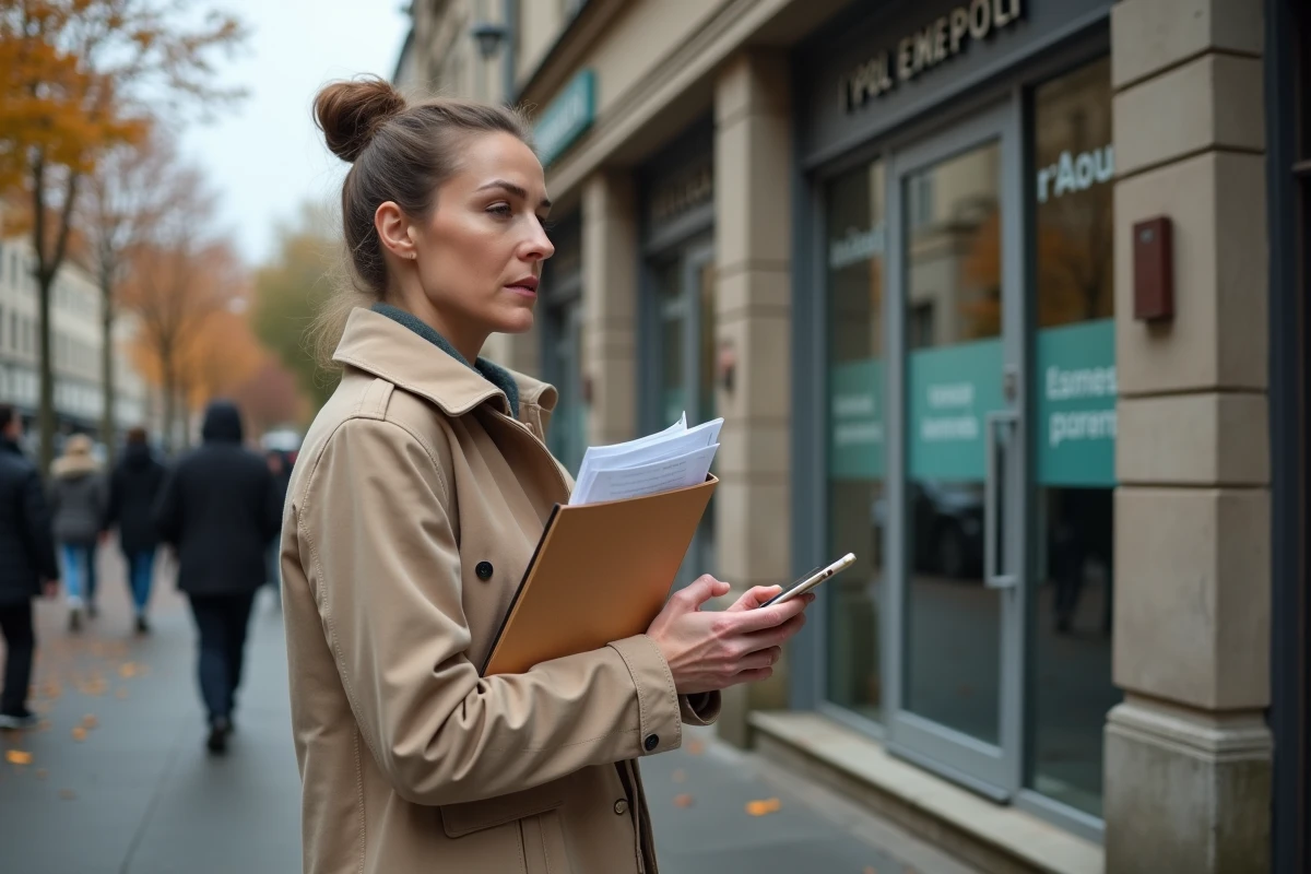 Femme arrivant à l'agence Pôle Emploi avec ses documents après une rupture conventionnelle