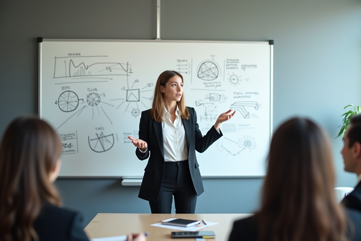 Jeune femme en business inspire ses collègues devant un tableau