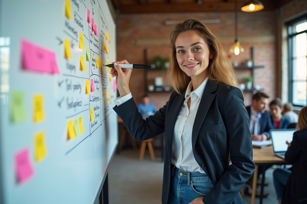Jeune femme expliquant une stratégie marketing avec un tableau blanc