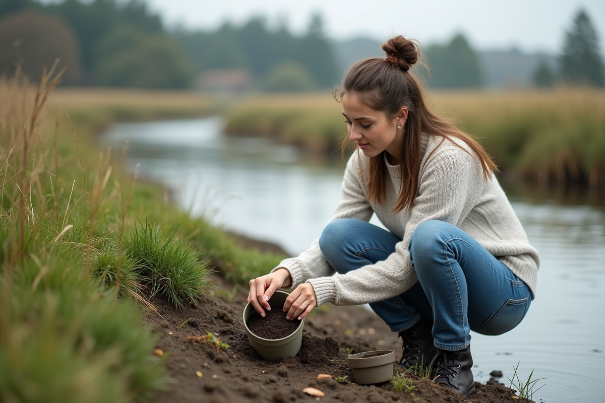 Jeune femme prenant des échantillons de sol en extérieur