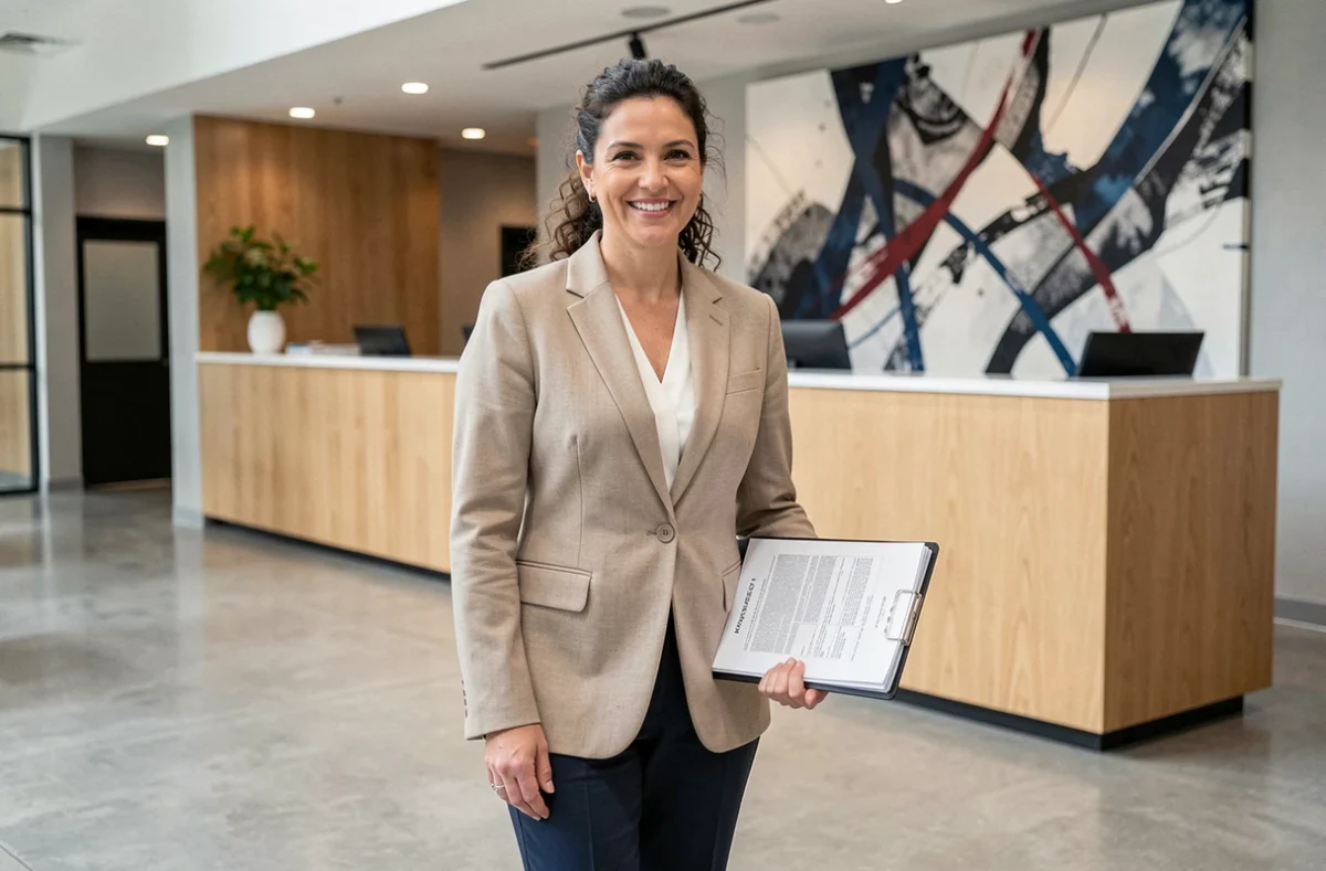 Femme professionnelle souriante dans le hall d'un centre d'affaires illustrant la confiance apportée par le portage salarial