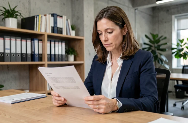 Femme professionnelle en blazer marine étudiant un contrat de portage salarial dans un espace de coworking moderne