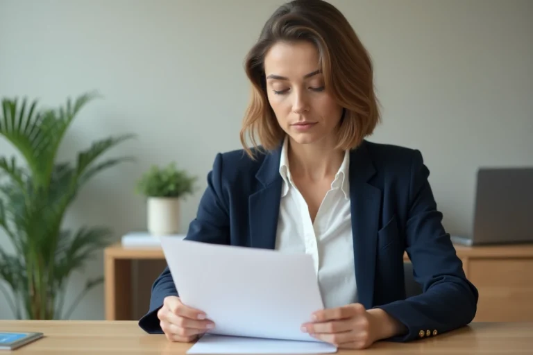 Femme professionnelle consultant un extrait Kbis ou attestation Urssaf dans un bureau administratif