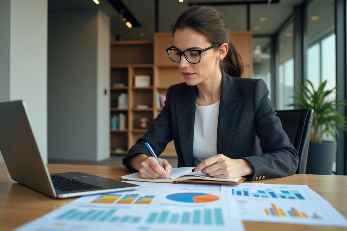 Femme professionnelle concentrée avec graphiques et notes
