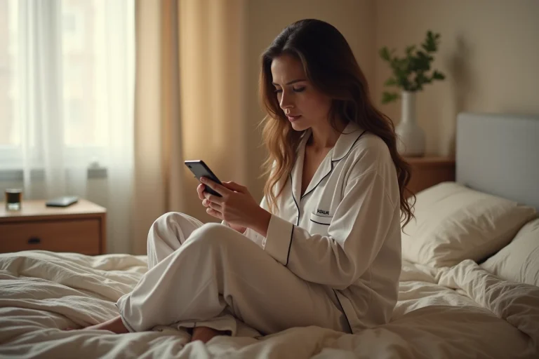Femme en pyjama assise sur son lit envoyant un SMS à son patron pour s'excuser de son absence au travail