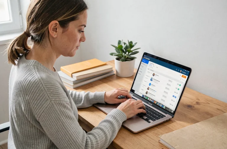 Femme consultant la plateforme Coffreo sur son ordinateur portable pour récupérer un document perdu
