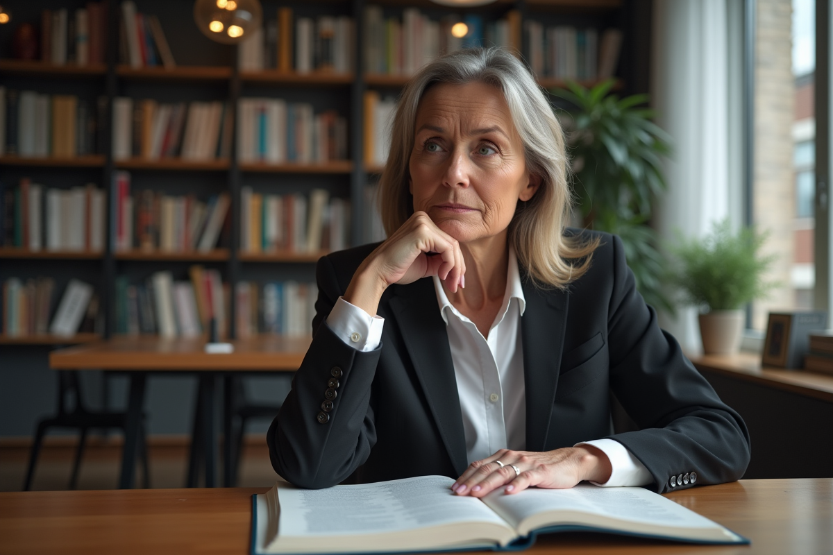 Femme réfléchie en bureau avec livres d'éthique et philosophie