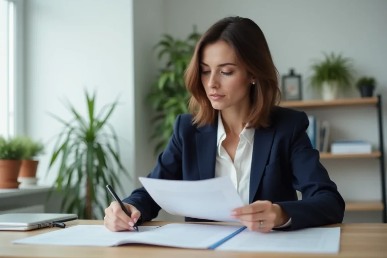 Femme en blazer marine examinant des documents liés à une rupture conventionnelle à son bureau à domicile