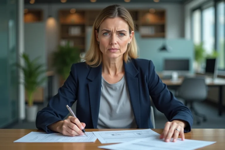Femme signant des documents de rupture conventionnelle dans un bureau professionnel