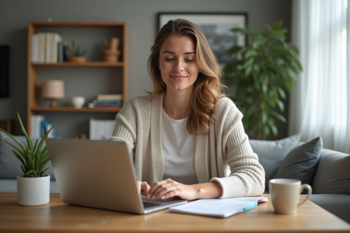 Femme travaillant à domicile sur son ordinateur portable
