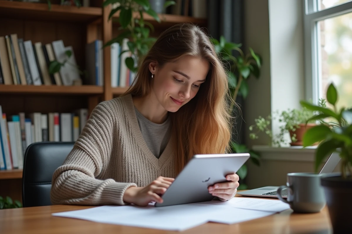 Jeune femme concentrée sur une tablette dans un bureau à domicile