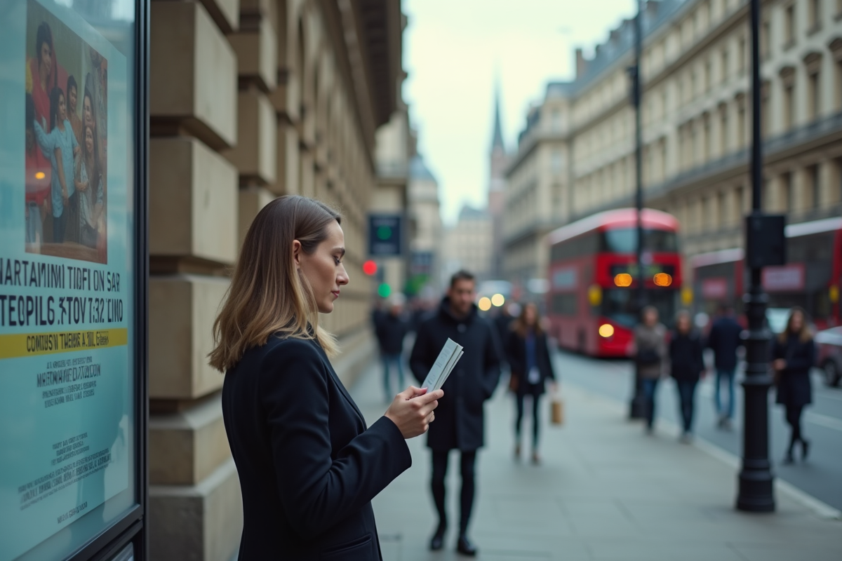 Femme d affaires lisant une affiche colorée en ville