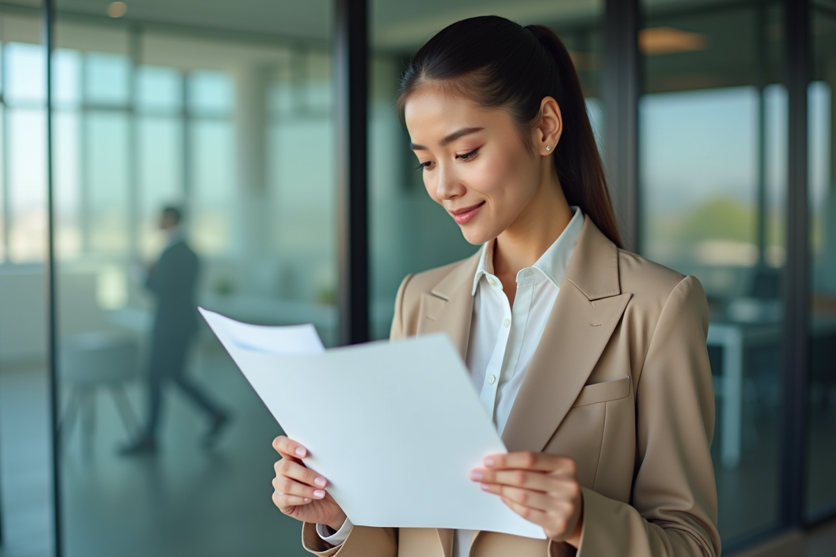 Jeune femme compare deux certificats dans un bureau moderne