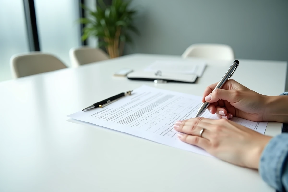 Gros plan sur une fiche de paie posée à côté d'un contrat de travail vierge sur une table de réunion