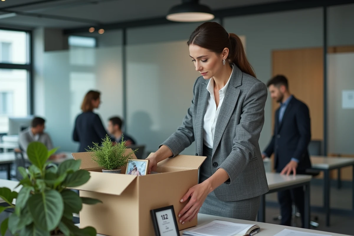 Salariée rangeant ses affaires dans un carton après une rupture de période d'essai au bureau