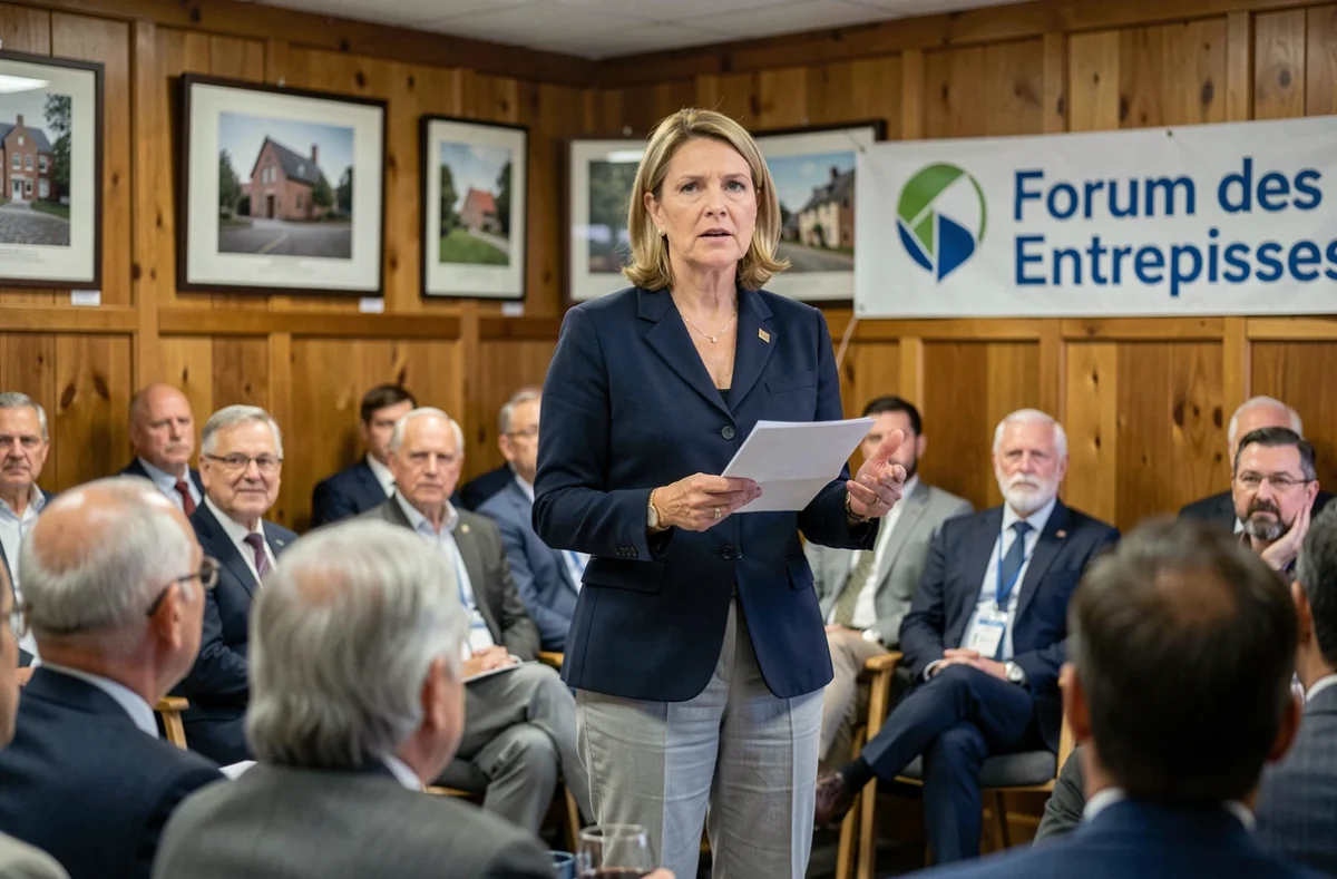 Femme cheffe d'entreprise prenant la parole devant des entrepreneurs locaux lors d'un forum économique régional