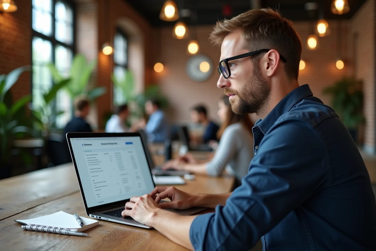Freelance en espace de coworking créant un modèle de facture auto-entrepreneur sur son ordinateur portable