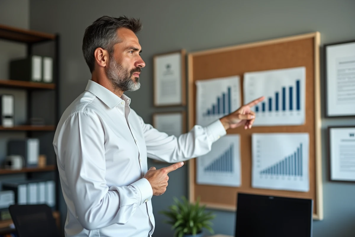 Gérant d'une SARL analysant les projections financières de son entreprise dans son bureau