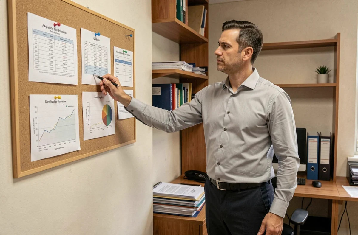 Gérant de SARL consultant des tableaux de simulation de charges salariales dans un bureau comptable