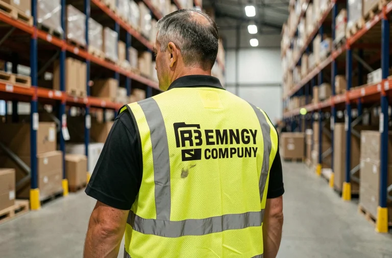 Ouvrier logistique portant un gilet de sécurité jaune personnalisé avec logo sérigraphié visible dans un entrepôt industriel