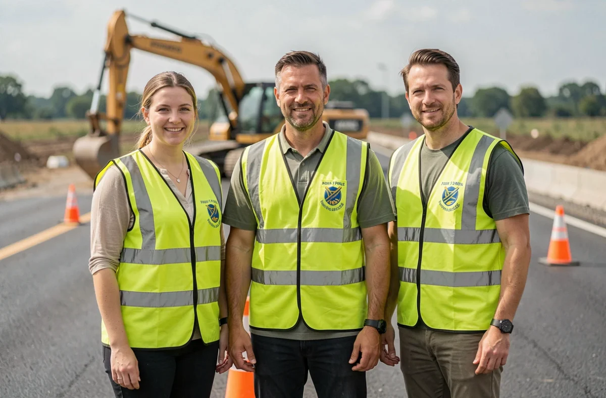 Groupe d'ouvriers de chantier portant des gilets de sécurité verts personnalisés avec logo brodé et bandes réfléchissantes