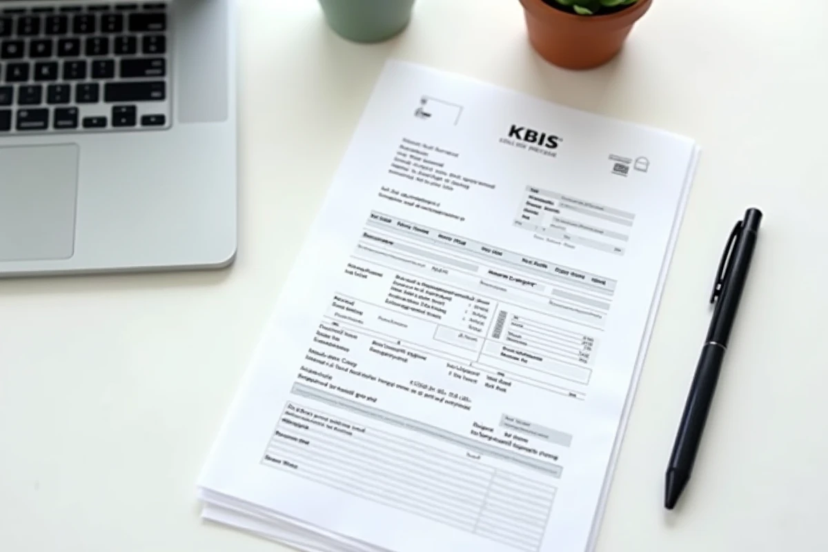 Gros plan d'un extrait Kbis officiel posé sur un bureau blanc avec stylo et laptop