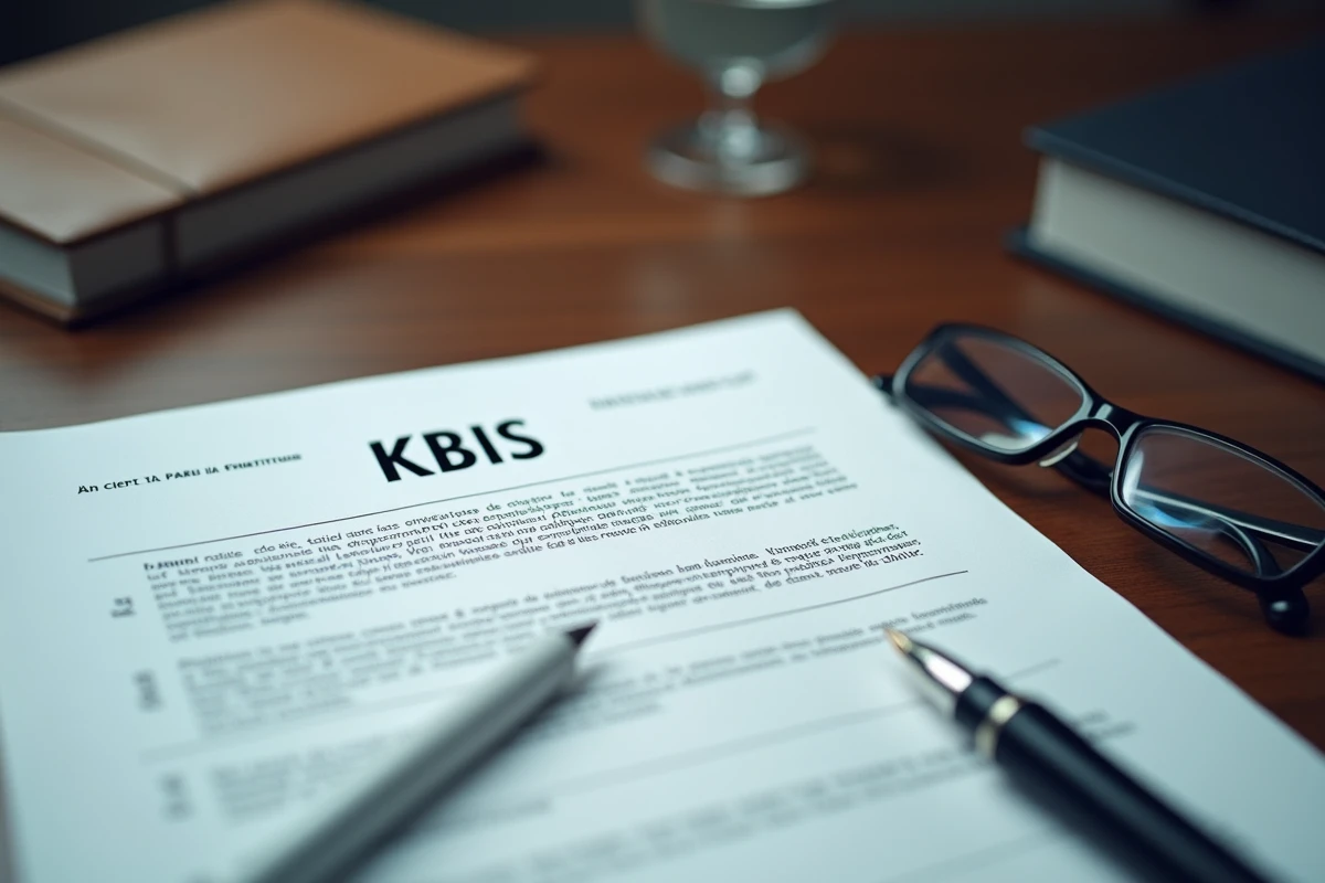 Gros plan sur un document officiel Kbis posé sur un bureau en bois avec un stylo plume