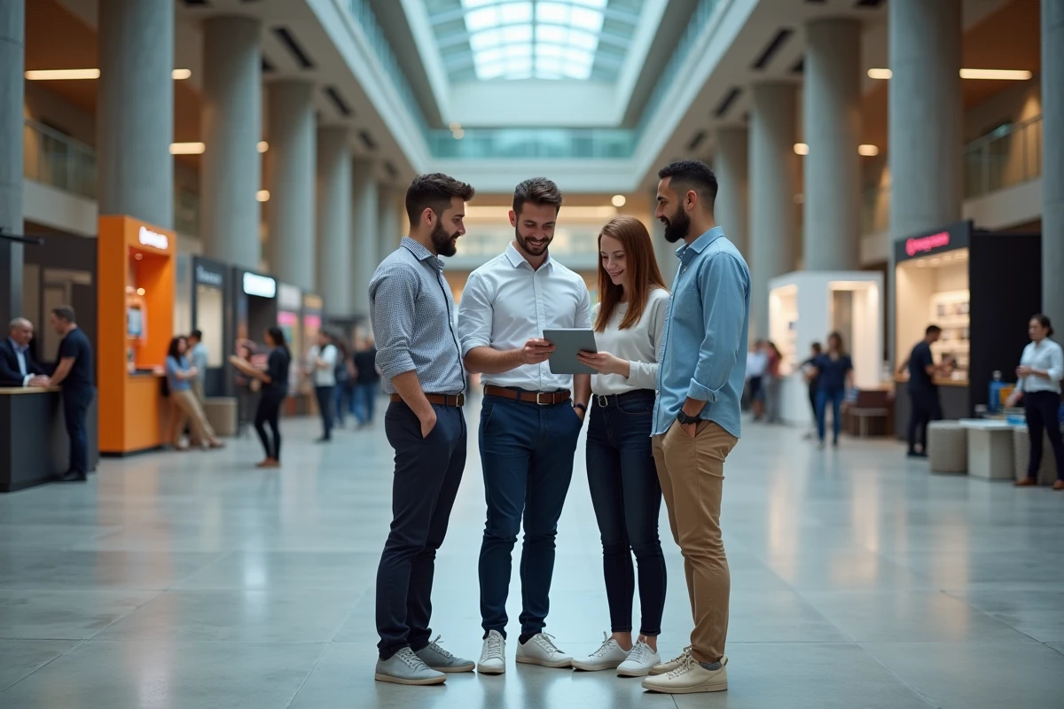 Trois jeunes entrepreneurs discutant dans le hall de Station F