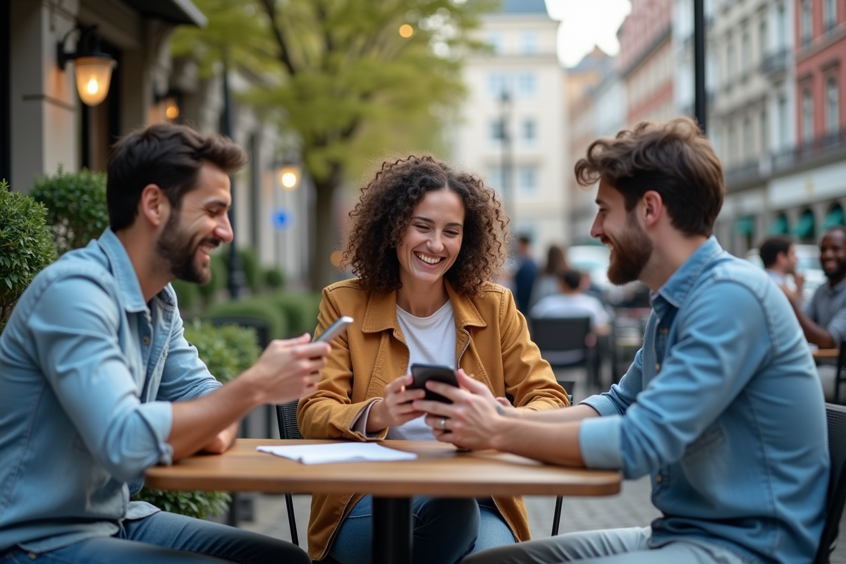 Groupe de jeunes souriants discutant avec smartphones au café en ville